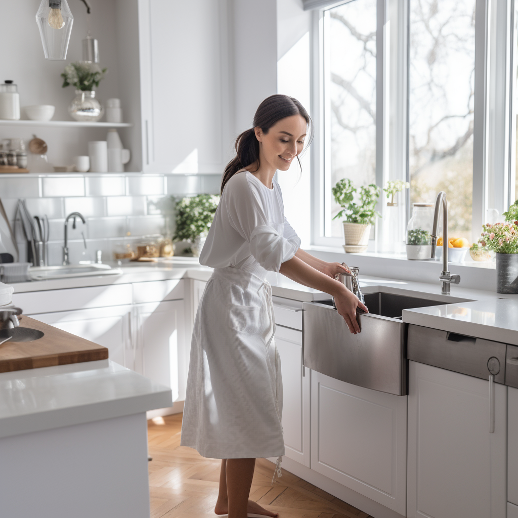 house cleaning maid washing sink in white modern kitchen