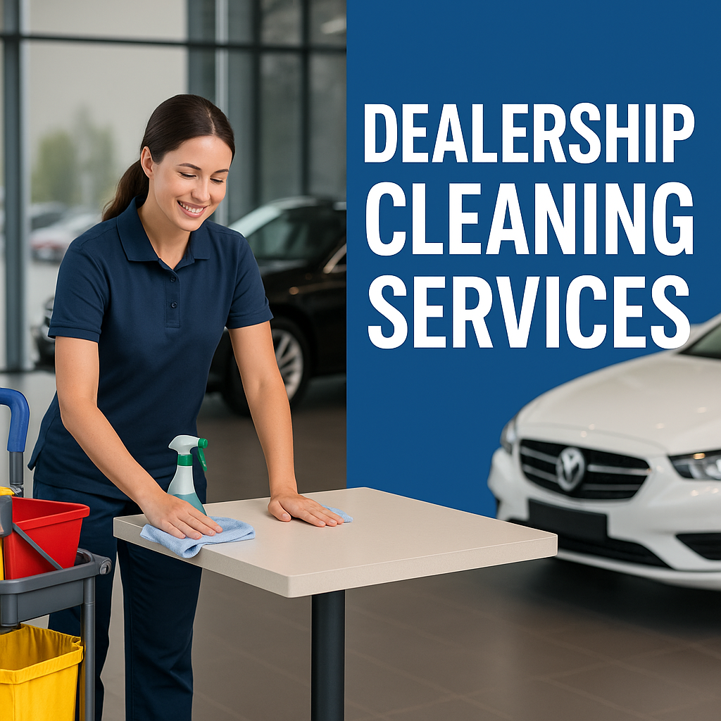 Female janitor in navy uniform wiping a table next to a cleaning cart with bold text reading “Dealership Cleaning Services” beside two cars in a bright showroom