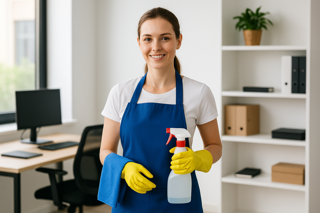 Smiling office cleaning technician in blue apron holding spray bottle and cloth in modern workspace