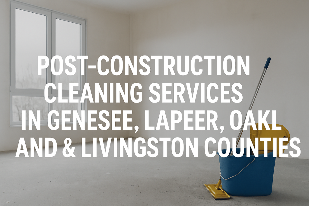 Empty post-construction room with mop bucket and natural light through large windows