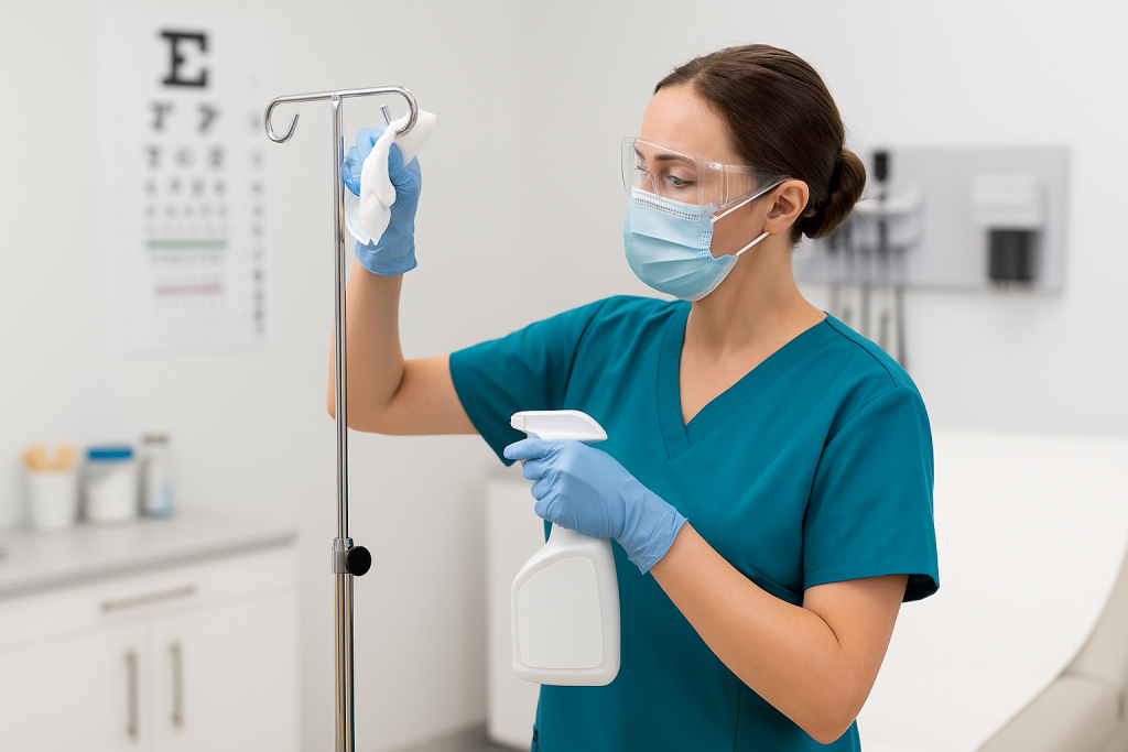 Female healthcare cleaner in scrubs and mask disinfecting an IV pole in a medical exam room with visible equipment