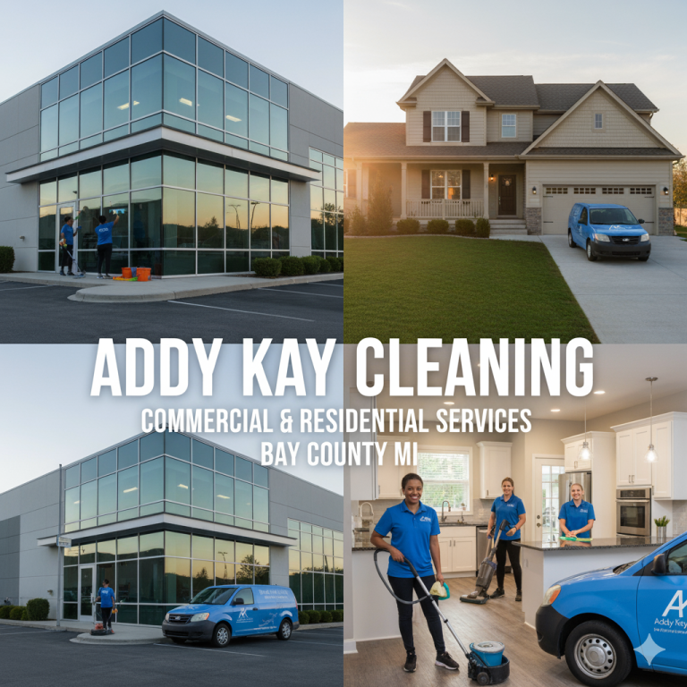 Addy Kay Cleaning services collage for Bay County MI, showing team members cleaning a modern office building, a residential house with a company van, and cleaners working inside a bright kitchen. Text overlay reads: "Addy Kay Cleaning. Commercial & Residential Services Bay County MI."