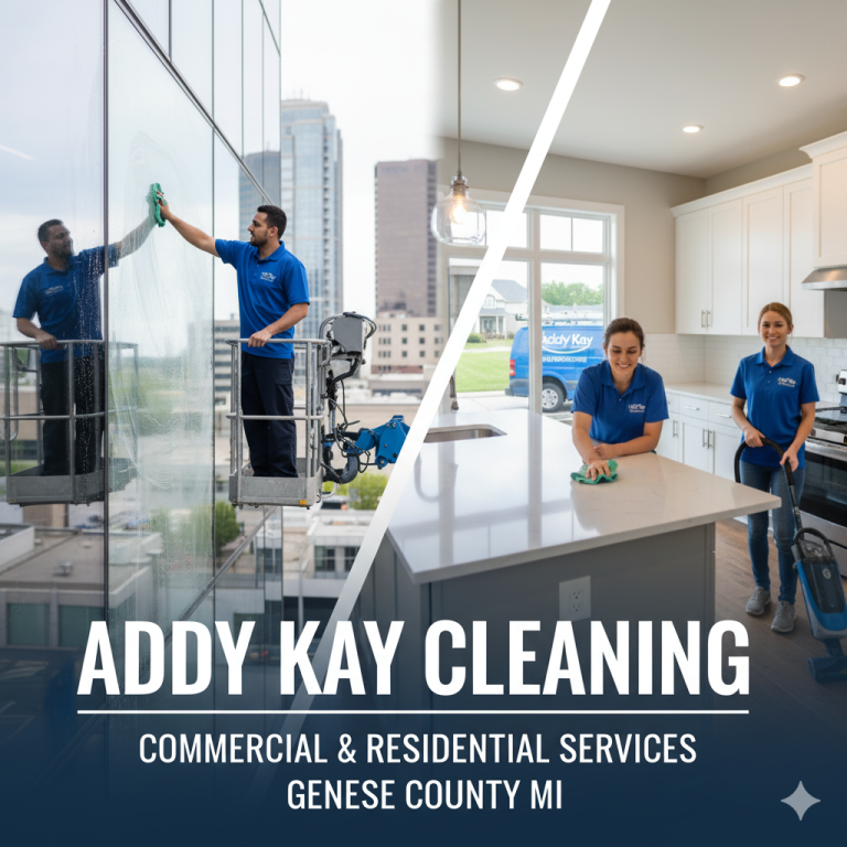 Professional hero image showing two distinct halves: a commercial cleaning team mopping and sanitizing a high-gloss floor in a modern office building, and a residential cleaning specialist organizing a sparkling clean bedroom. Text overlay: "Addy Kay Cleaning. Commercial & Residential Services Genesee County MI."