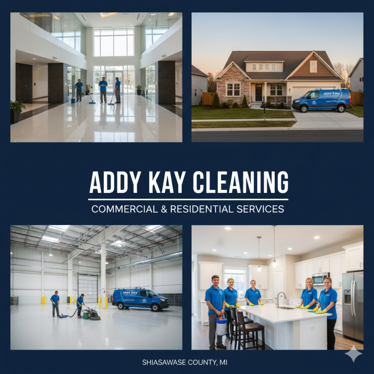 Addy Kay Cleaning services collage for Shiawassee County MI, showcasing four scenes: staff cleaning a corporate office exterior, a modern suburban home with a service van, commercial floor cleaning, and residential team members cleaning a kitchen. Text overlay reads: "Addy Kay Cleaning. Commercial & Residential Services Shiawassee County, MI."