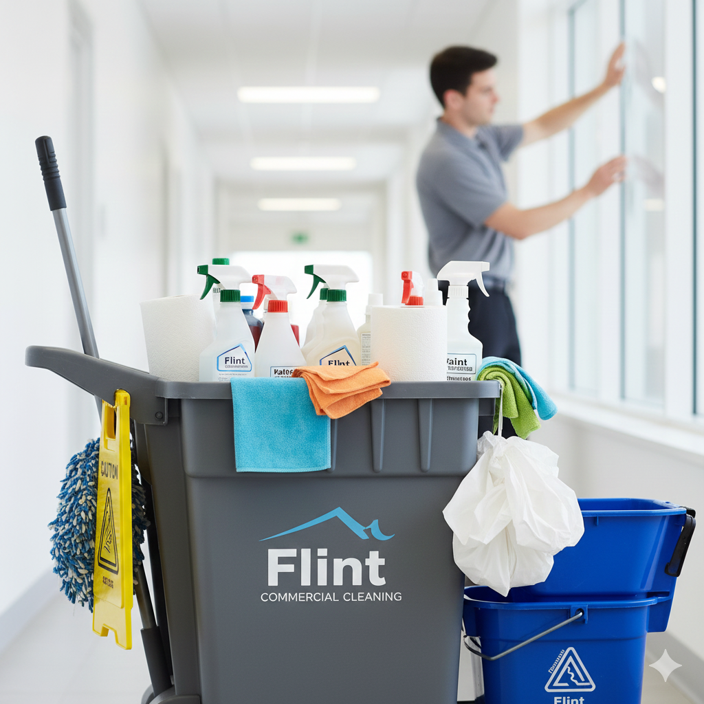 A fully stocked commercial cleaning cart with bottles, towels, and a caution wet floor sign, featuring a "Flint Commercial Cleaning" logo. In the background, a cleaner is out of focus, wiping a window in a bright hallway.