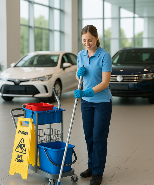 Smiling janitor mopping the showroom floor of a modern car dealership with cleaning cart and caution sign nearby