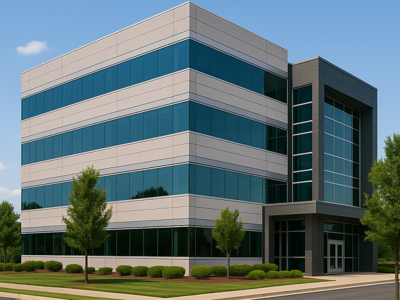 Cleaning professional wiping down a workstation in a modern call center with blue cubicles and computer setups.