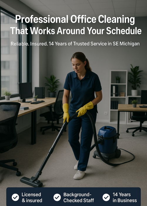Female cleaner vacuuming a modern office in uniform, representing Addy Kay Cleaning’s professional office services.